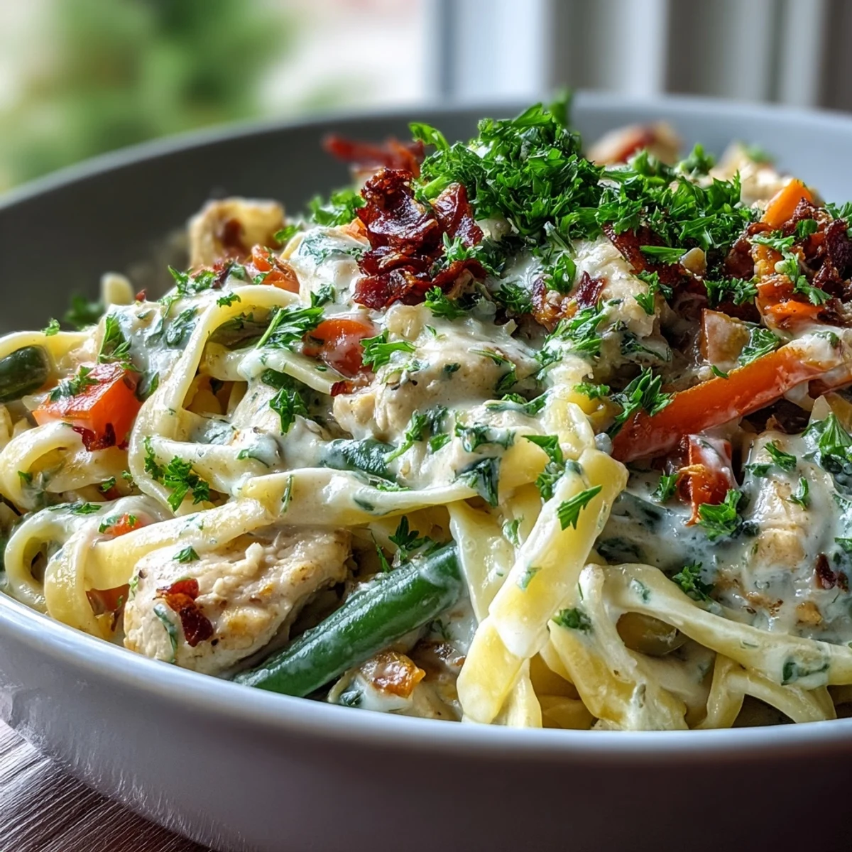 Freshly chopped parsley sprinkled over Creamy Ranch Turkey & Veggie Skillet served over a bed of steaming white pasta. 