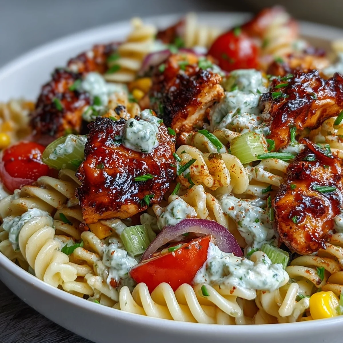 Bright, colorful Honey BBQ Chicken Pasta Salad in a white bowl, with rotini, glazed chicken, red peppers, tomatoes, and corn on a rustic wooden table.