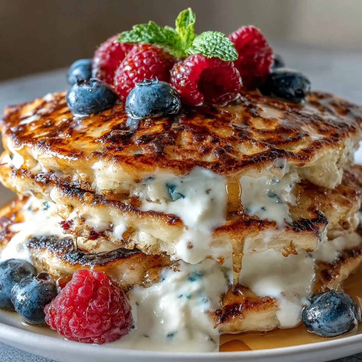 Fluffy berry protein pancakes stacked high and topped with creamy Greek yogurt and fresh berries for a nutritious, energizing breakfast.
