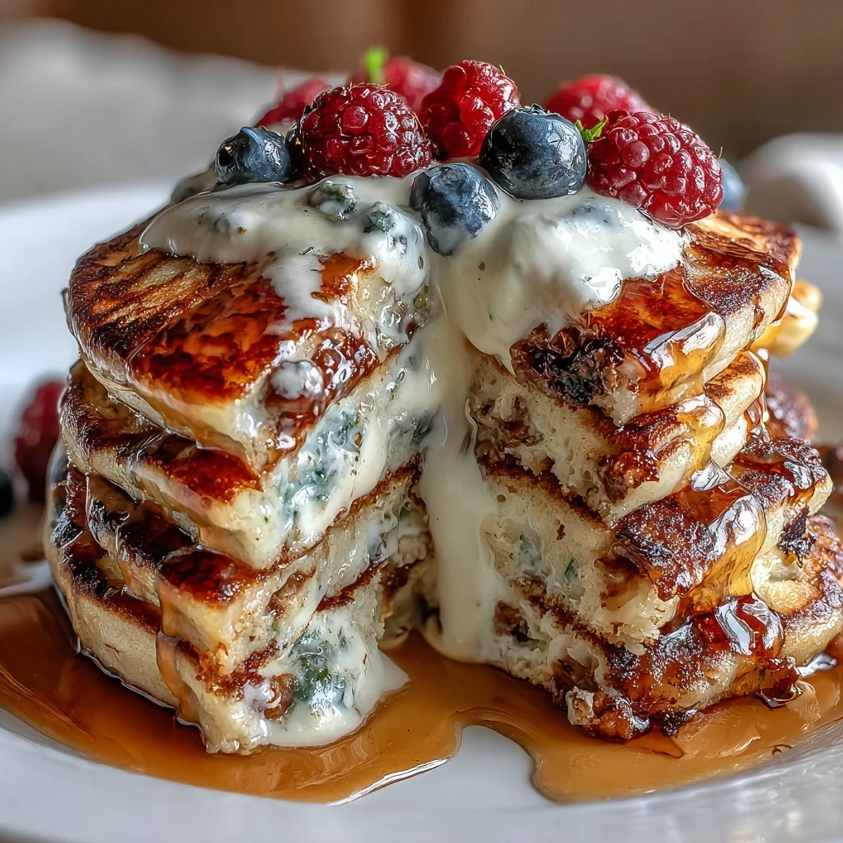 Protein-packed pancakes filled with juicy berries, golden brown and drizzled with honey, served alongside a dollop of tangy Greek yogurt.