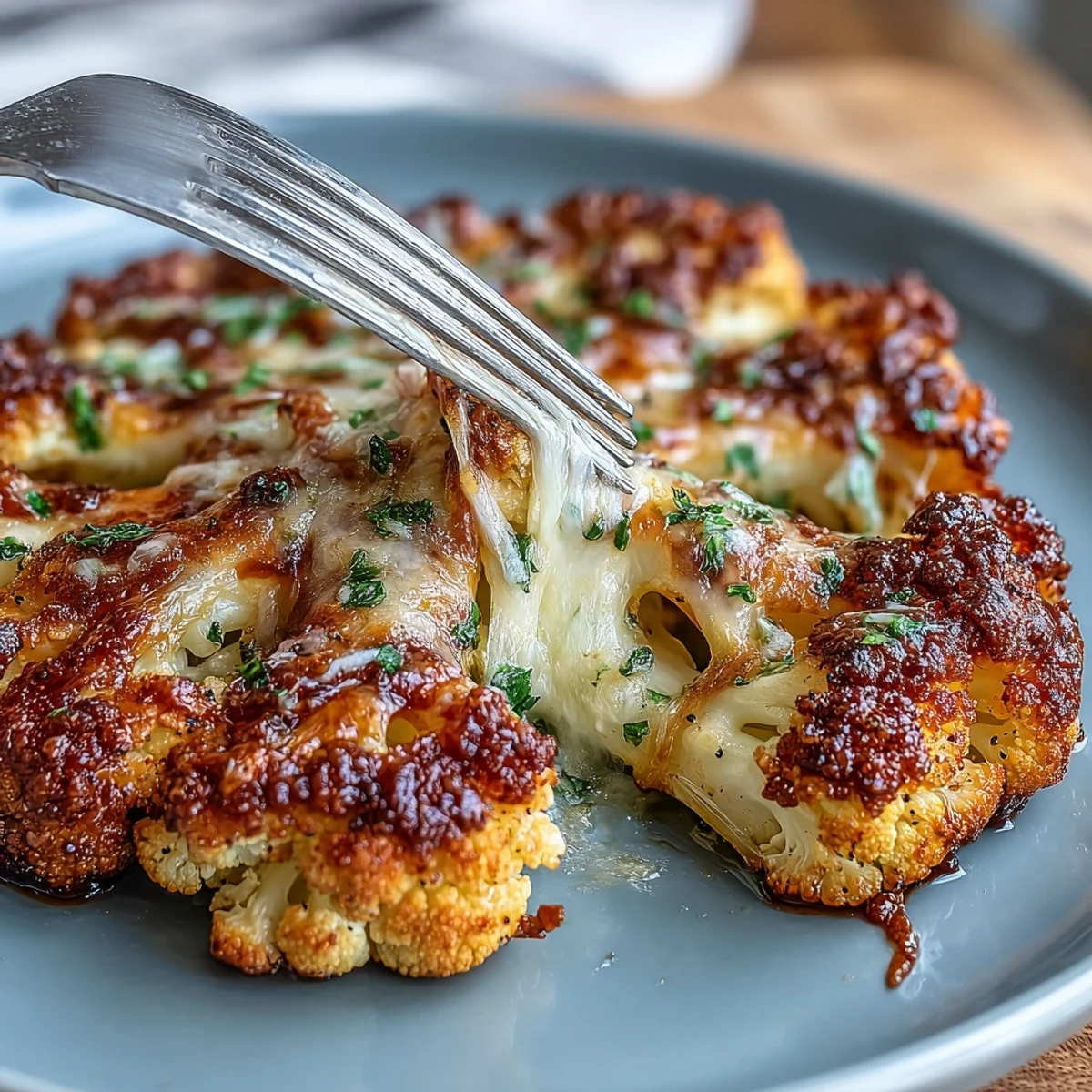 Crispy cauliflower steaks drizzled with olive oil and garlic, finished with a golden Parmesan topping for a healthy dinner option.