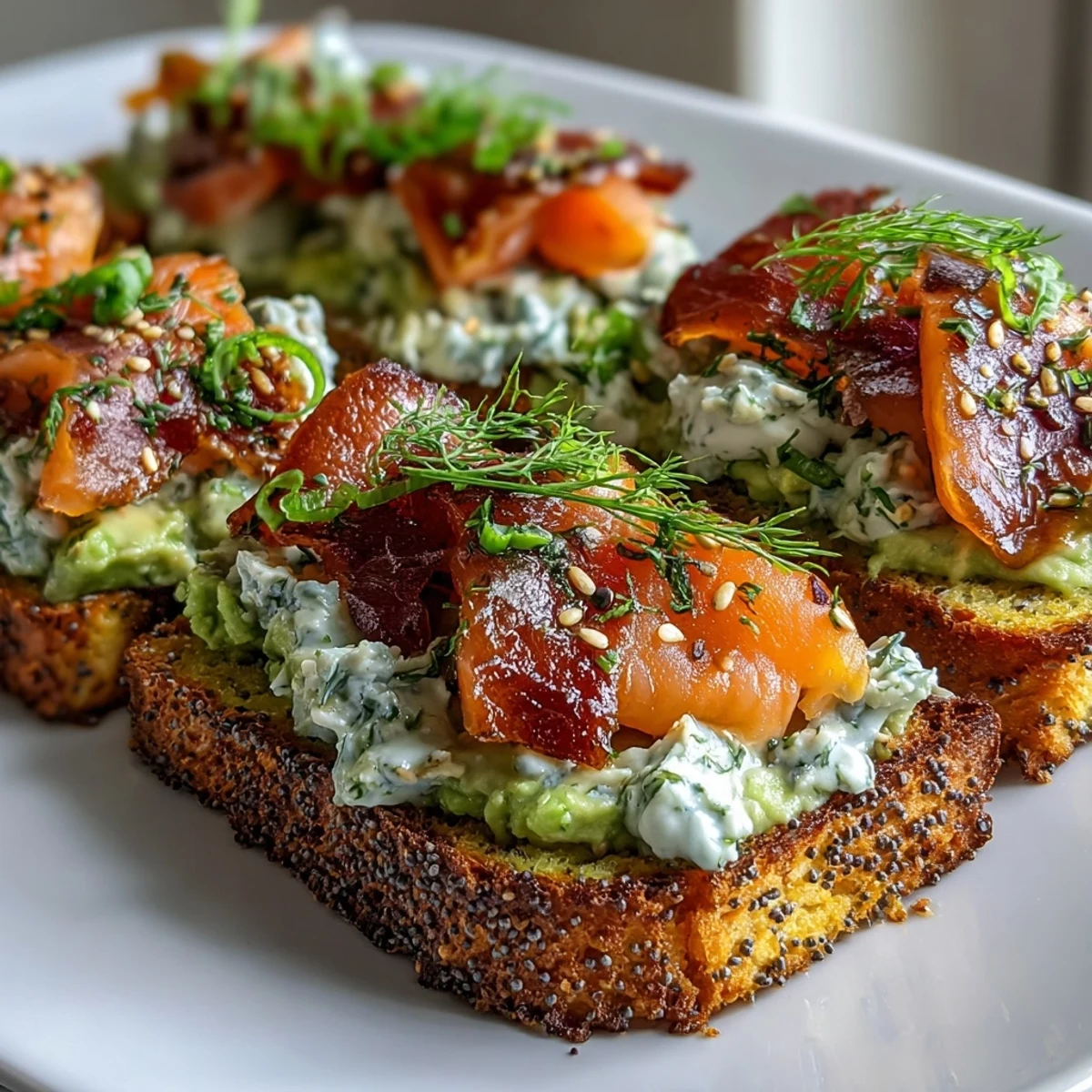 Keto avocado bread toasts topped with smoked salmon and everything bagel seasoning for a healthy brunch.  
