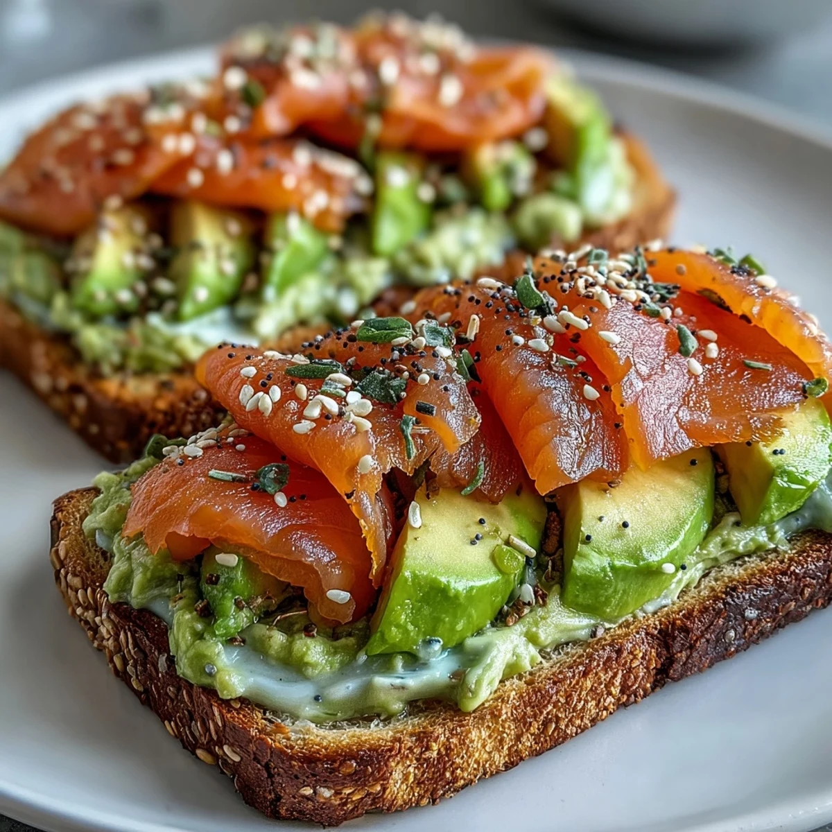 Fluffy low-carb almond flour bread slices with creamy avocado, silky smoked salmon, and everything seasoning.  