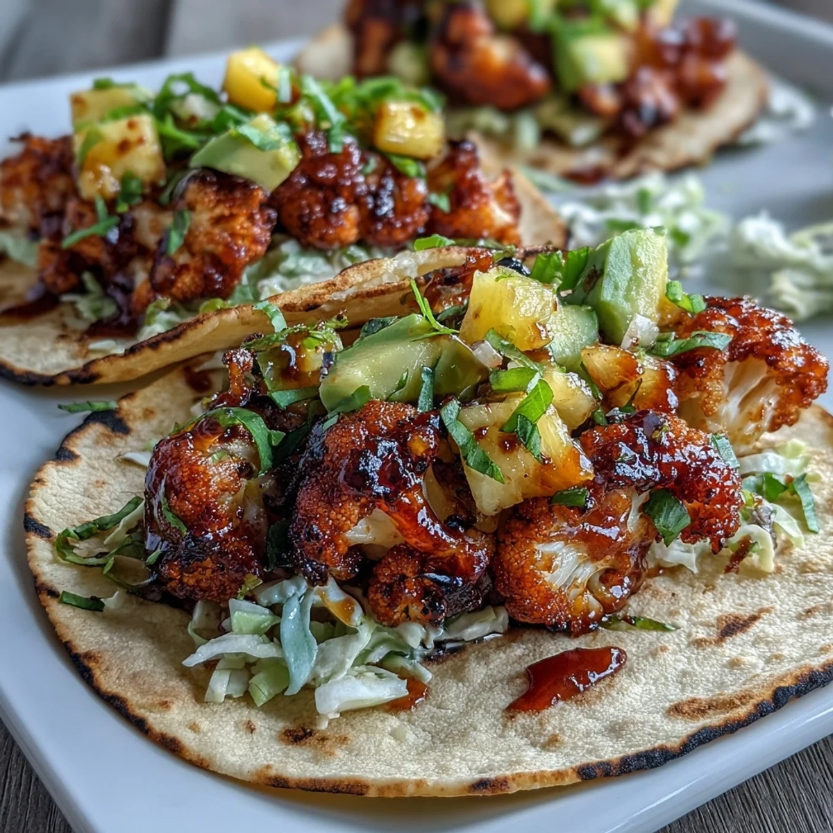 Roasted smoky cauliflower drizzled with sweet BBQ sauce, nestled in warm tortillas with zesty salsa.