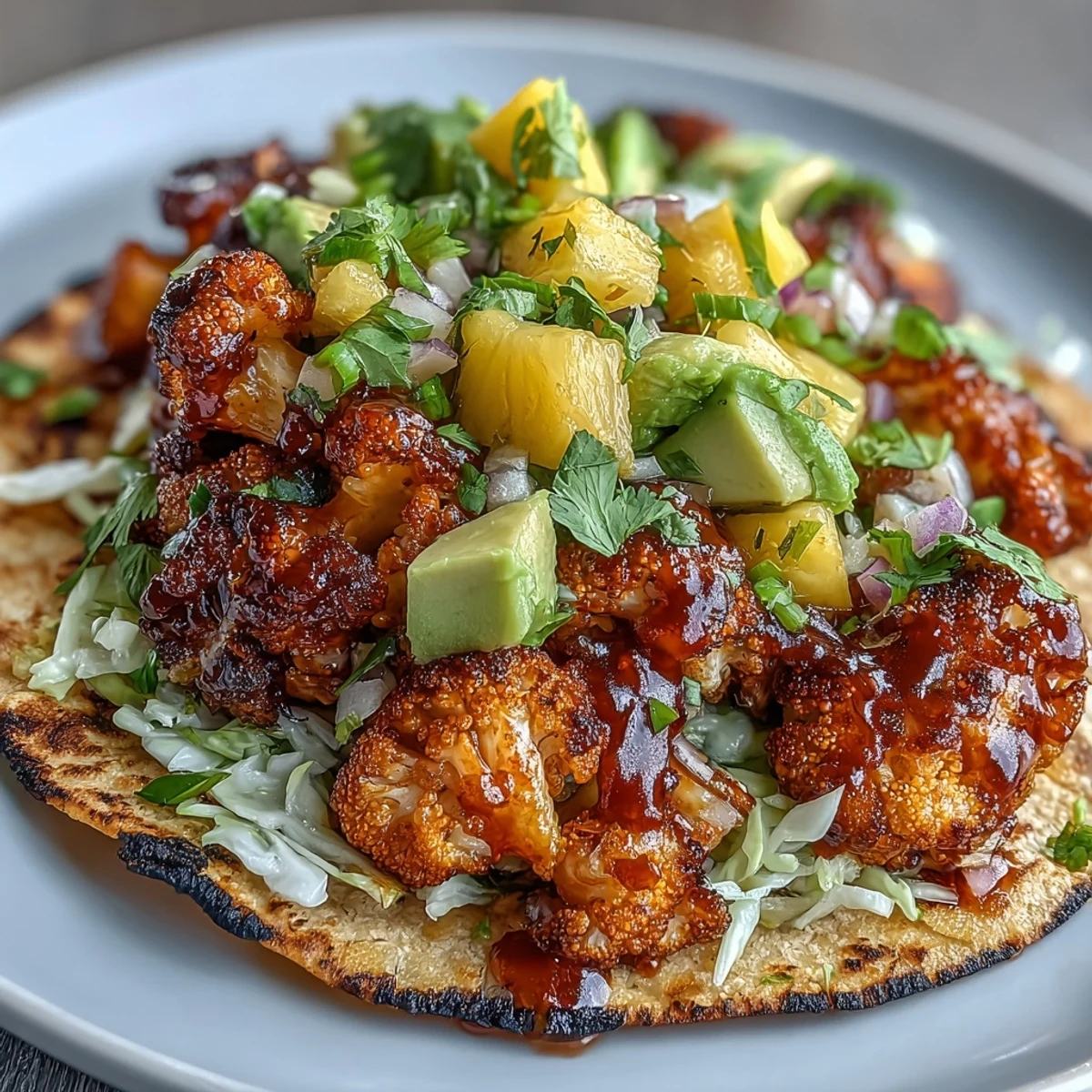 Vegan tacos featuring caramelized BBQ cauliflower and refreshing pineapple salsa, garnished with crunchy cabbage.