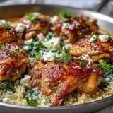 Fresh spinach and herbs garnish the creamy pearl couscous in this comforting Mediterranean-inspired bake.