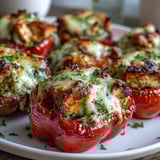 Juicy Pesto Chicken Stuffed Sweet Peppers are arranged on a white plate with fresh basil garnish.