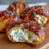 Freshly baked Hot Honey Ricotta Stuffed Garlic Knots served warm with a side of marinara sauce.
