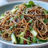 Crisp Cold Soba Noodle Salad piled high, drizzled with savory sesame ginger dressing.