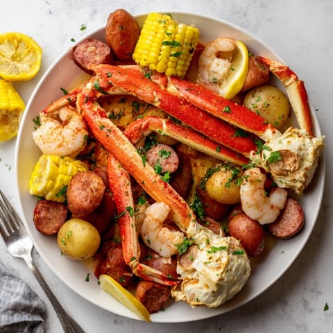 Colorful seafood boil with crab, shrimp, and sausage served on a festive table.  