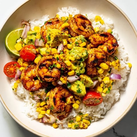 Grilled shrimp bowl with avocado corn salsa, displaying beautifully charred shrimp with a vibrant salsa.