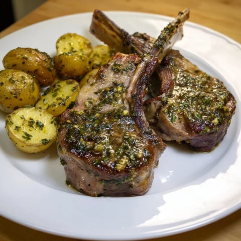 Seared herbed lamb chops with golden roasted potatoes, a flavorful and satisfying dinner.