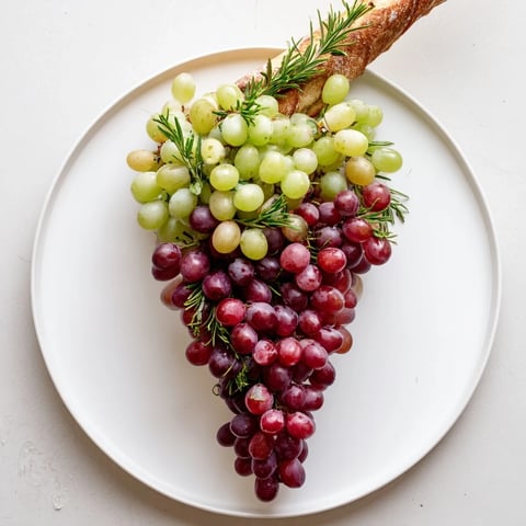 Fresh Vineyard Grape Cluster Drop appetizer, ready to serve on a rustic wooden board, bursting with color.