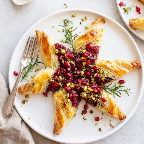 Golden, flaky Cranberry Christmas Star appetizer boasting a vibrant cranberry filling and creamy cheese layers.