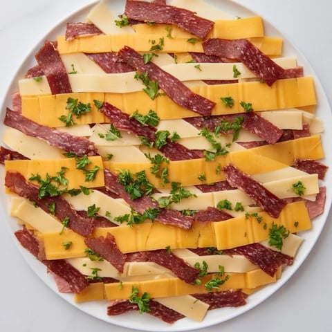 Savory The Tartan Plaid appetizer with layers of colorful jerky and creamy cheeses, ready to eat.