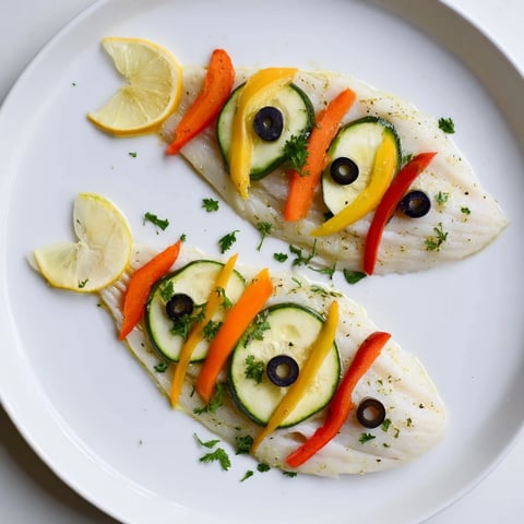 Delicate light fish-shaped meal, baked with colorful peppers and zucchini, ready to serve and enjoy.
