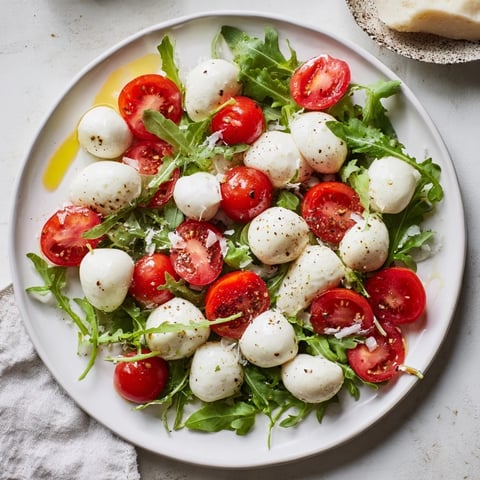 Pearly Strand salad: fresh mozzarella pearls draped over vibrant tomatoes and arugula, ready to enjoy.