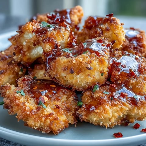 Golden-brown Crunchy Baked Hot Honey Cauliflower bites rest on a platter, glistening with a sweet and spicy glaze.