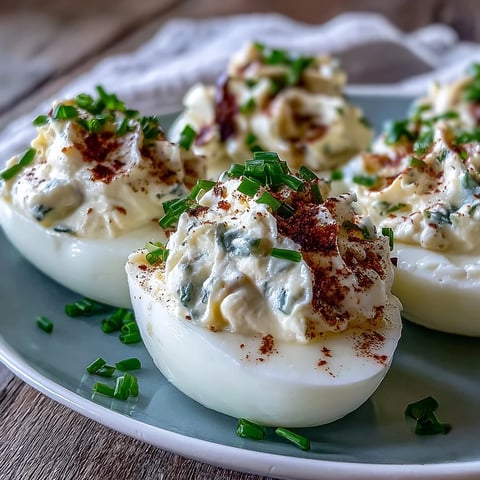Million Dollar Deviled Eggs garnished with paprika and fresh chives on a white platter.