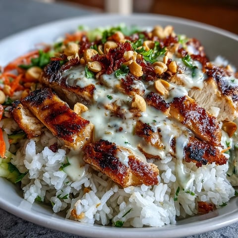 Fluffy coconut rice topped with tender grilled chicken, vibrant shredded cabbage, carrots, and cucumber, all drizzled with creamy peanut sauce in a white bowl.