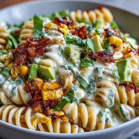 A vibrant bowl of Creamy Street Corn Pasta Salad with grilled corn, diced avocado, and spicy cheddar.
