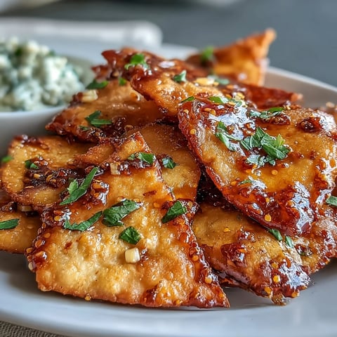 Golden, crispy Spicy Chili Crisp Garlic Naan Chips are served next to a creamy Asian cucumber dip garnished with fresh herbs.