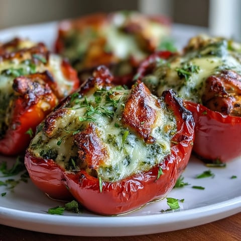 Golden, bubbling Pesto Chicken Stuffed Sweet Peppers fresh from the oven on a rustic wooden board.