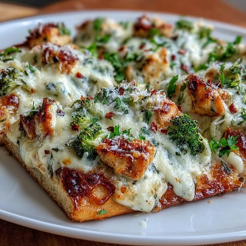 Golden Garlic Parmesan Chicken & Broccoli Pizza with bubbling mozzarella and fresh parsley on a rustic wooden board.