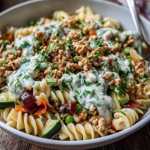 Golden brown ground turkey and vibrant diced vegetables in a creamy ranch sauce, served over pasta.