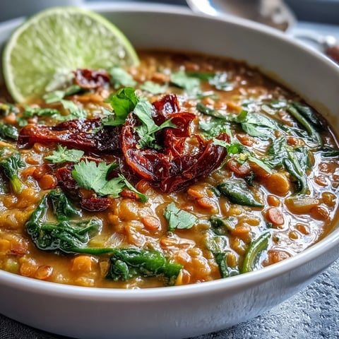 A steaming bowl of vegan one-pot coconut lentil dahl with spinach and lime, rich and creamy with aromatic spices and fresh greens.
