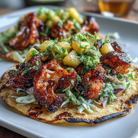 Crispy BBQ cauliflower tacos loaded with tangy pineapple salsa and creamy avocado slices.