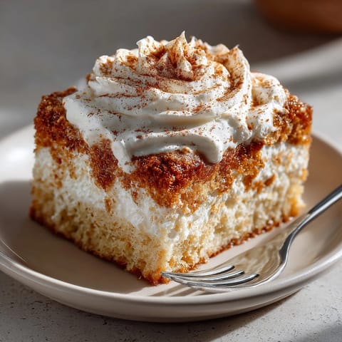 Moist Tres Leches Cake glistening under whipped cream, ready to serve chilled.