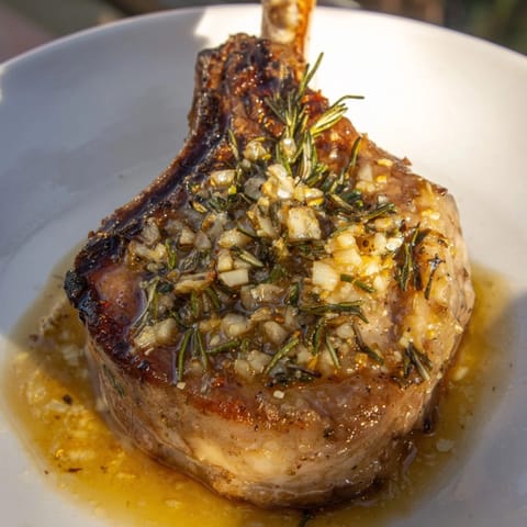 Pan-seared Garlic Rosemary Pork Chops bathed in a savory pan sauce; rich, appetizing.