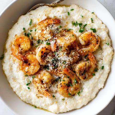 A comforting bowl of Shrimp Parmesan Grits, seasoned perfectly with herbs and spices.