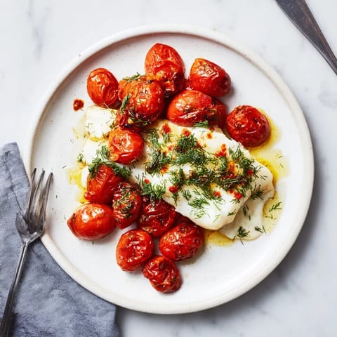 Succulent grilled cod fillets topped with vibrant roasted tomatoes and creamy dill sauce.  