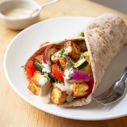 Colorful whole wheat wraps filled with tender tofu, cherry tomatoes, and tahini sauce.  