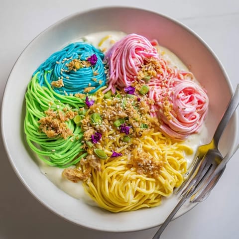 Colorful noodles in airy cloud-like sauce, perfect for whimsical dinner parties.  