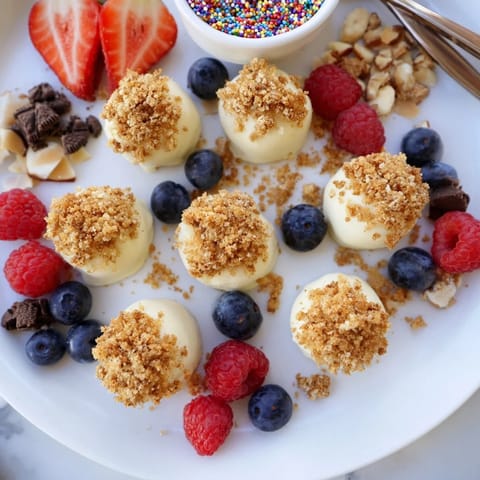 Creamy cheesecake bites and colorful toppings create a delightful dessert board experience.  
