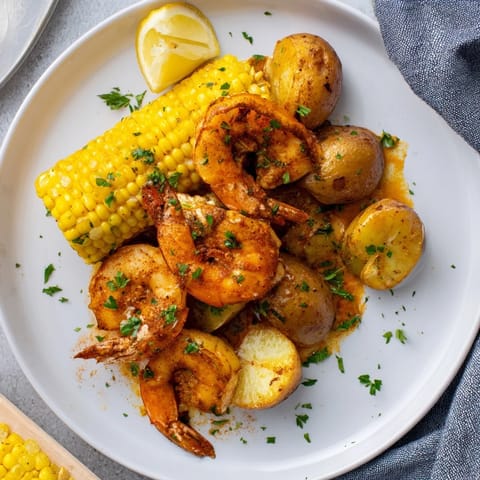 Flavorful Cajun shrimp alongside tender sweet corn and roasted potatoes on a platter.  