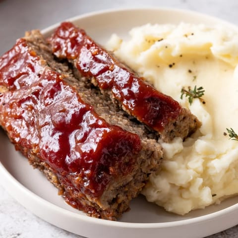 A generous serving of Classic Meatloaf & Mashed Potatoes, with a rich glaze and fluffy potatoes.