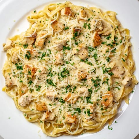 A close-up shot of baked Chicken Fettuccine Alfredo, a delicious Italian-American comfort food.