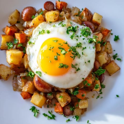Crispy potatoes and hot dogs form the base of this satisfying Egg & Potato Hash, topped with sunny-side-up eggs.