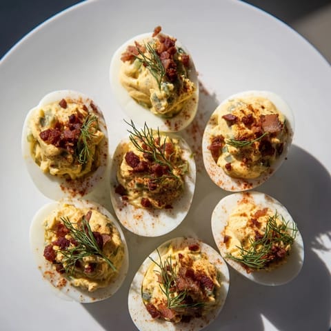 Perfect party platter: creamy loaded deviled eggs garnished with bacon, paprika, and fresh dill.
