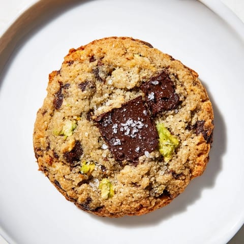 Salted Pistachio Chocolate Chunk Shortbread cookies, golden brown and buttery, sprinkled with sea salt, offering a delicious crunch.