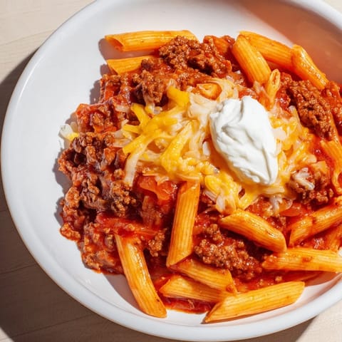 Easy Beef Enchilada Pasta, a one-pot meal, with melted cheddar and a creamy sour cream swirl.