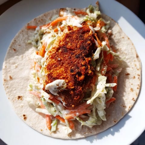 A close-up of delicious Buffalo Chicken Smash Burger Tacos, showcasing the creamy ranch slaw topping the patties.