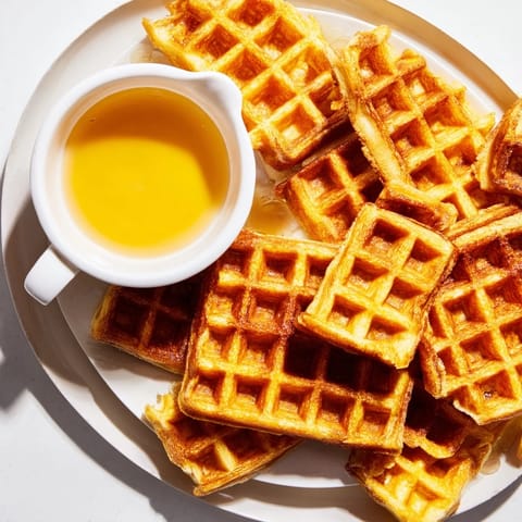 A close-up of crispy waffle quarters ready to dip, a yummy recipe with maple syrup.