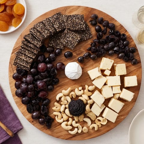 A beautiful Yin and Yang Balance Board featuring olives, cheese, and fruits, perfect for sharing.