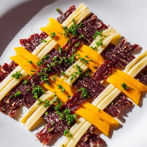Beautiful, woven The Tartan Plaid appetizer, combining salty jerky with delicious, creamy cheeses.