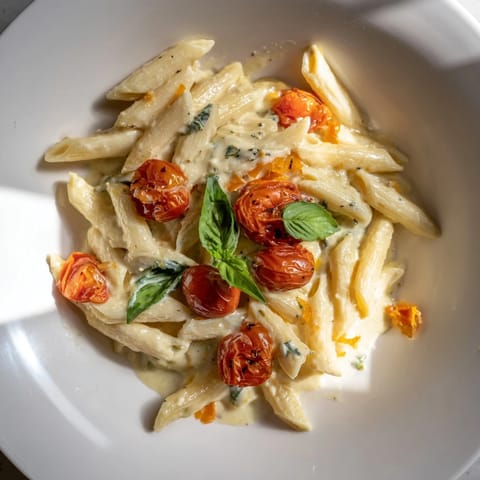 Golden roasted cherry tomatoes and melted Boursin cheese atop perfectly cooked pasta, ready to serve.